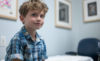 Boy on a pediatrician patient bed