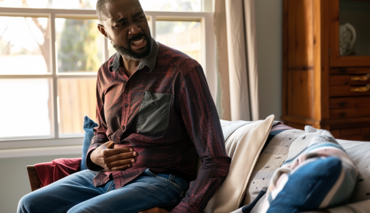 Man sitting holding stomach because of stomach pain