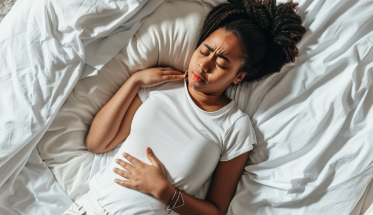 woman laying in bed with stomach pain
