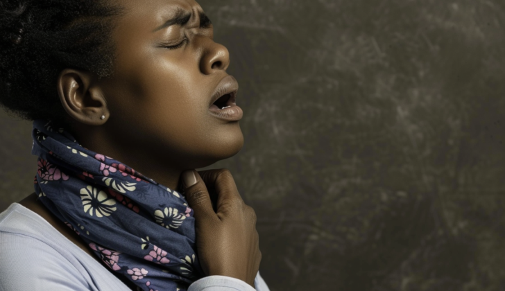 Woman holding throat in pain