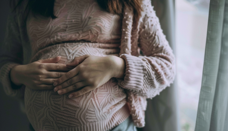 Pregnant woman holding stomach in pain