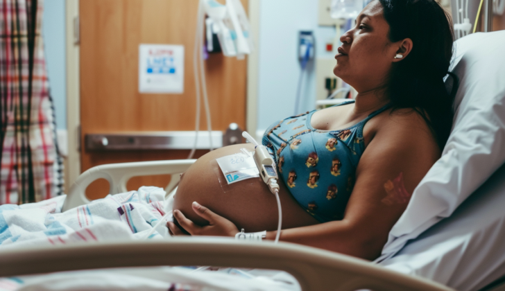 Pregnant woman in hospital with monitors attached to her.