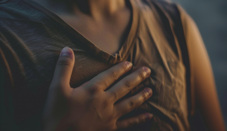 A person with their hand on their chest in pain from heart burn
