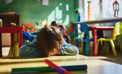 Child with head down in classroom