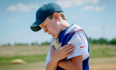 Young baseball player who has suffered a blow to the chest