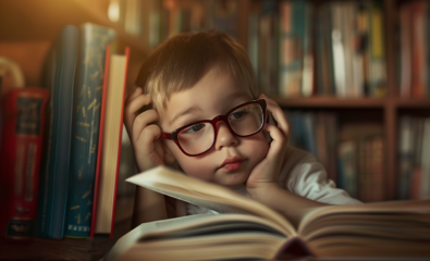Child sitting in front of books looking disappointed