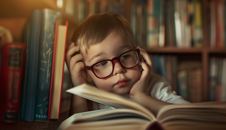 Child sitting in front of books looking disappointed