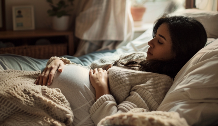 Pregnant woman feeling sick in bed