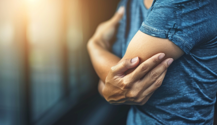 Person holding elbow in pain