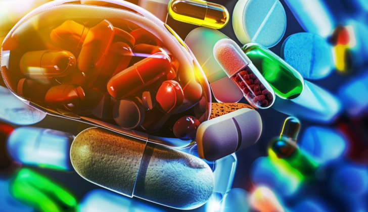 Drugs surrounding a liver that is filled with drugs