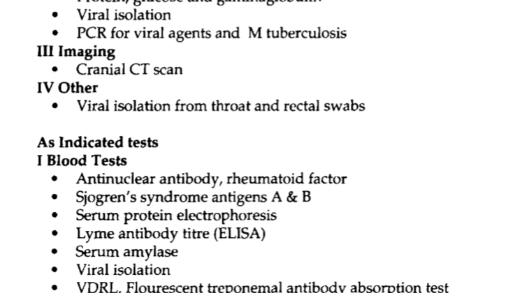 Laboratory Evaluation for Aseptic Meningitis. A thorough compilation of vital serum, cerebrospinal fluid (CSF), and imaging studies, including those specifically indicated to aid in the differential diagnosis of meningitis.