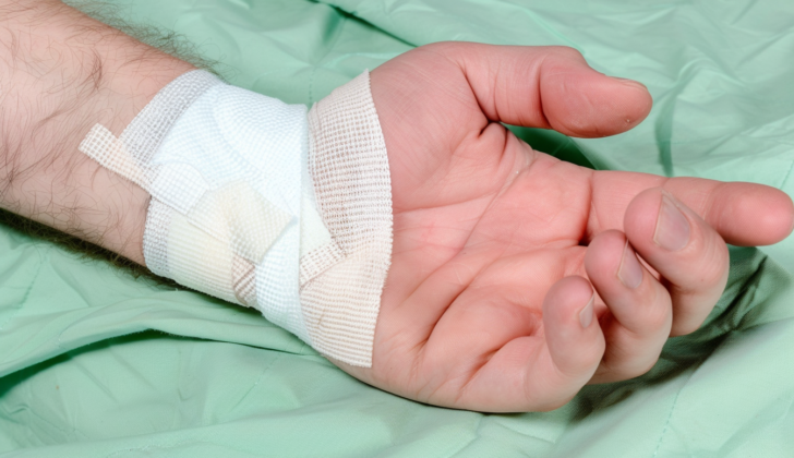 Person with makeshift wrap on dislocated wrist