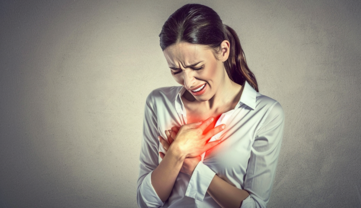 Woman holding breast in pain.