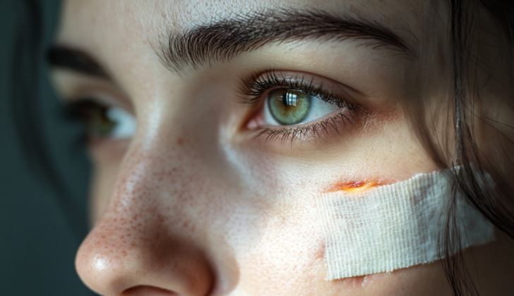 Closeup of a female face with a bandage cover a burn
