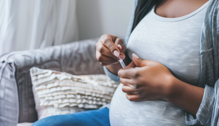 Pregnant woman pricking finger for diabetes