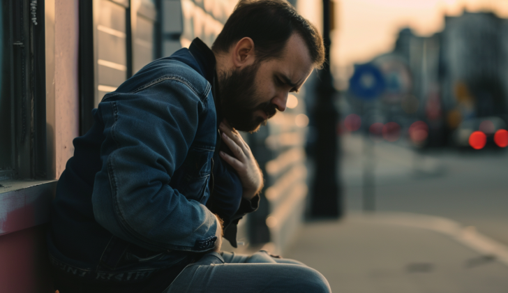 Man leaned over grabbing abdomen in pain