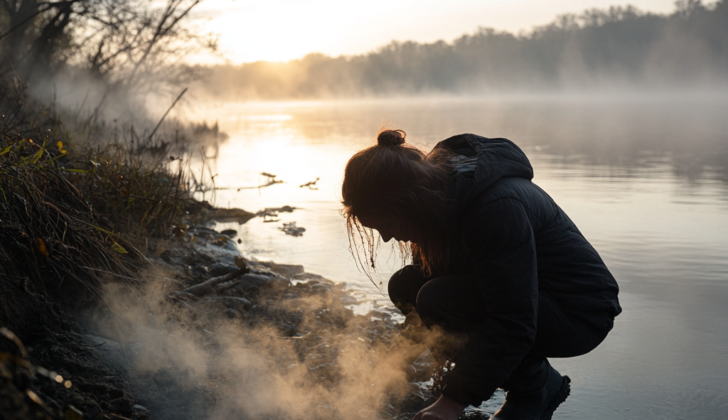 Person disturbing soil by a river. Potentially inhaling Histoplasma capsulatum fungus