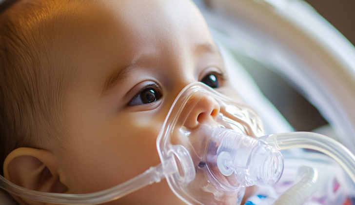 Infant breathing through oxygen mask