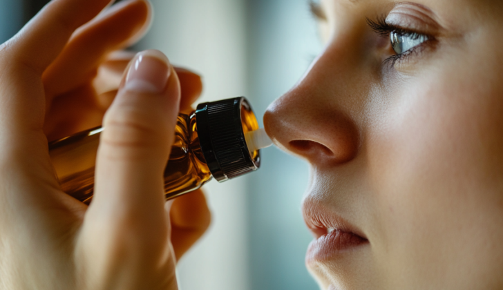 Woman using nasal decongestant spray