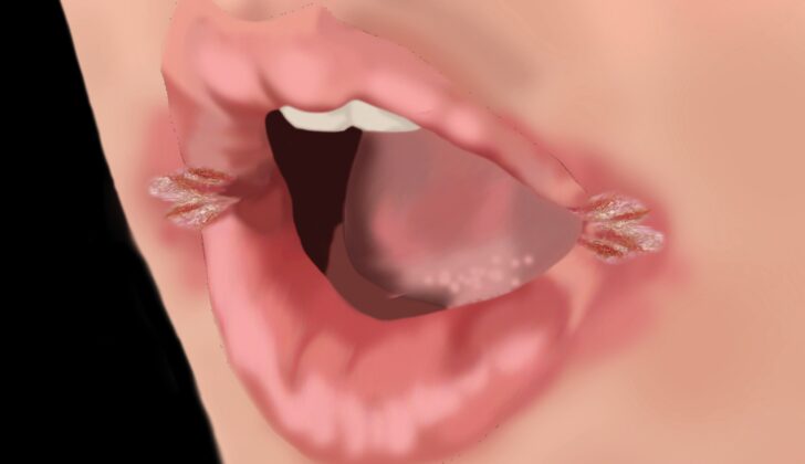 Angular Cheilitis. Illustration of cracks in corners of mouth due to angular cheilitis.