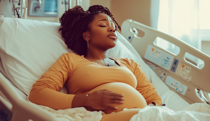 young pregnant african american woman laying in hospital bed in pain
