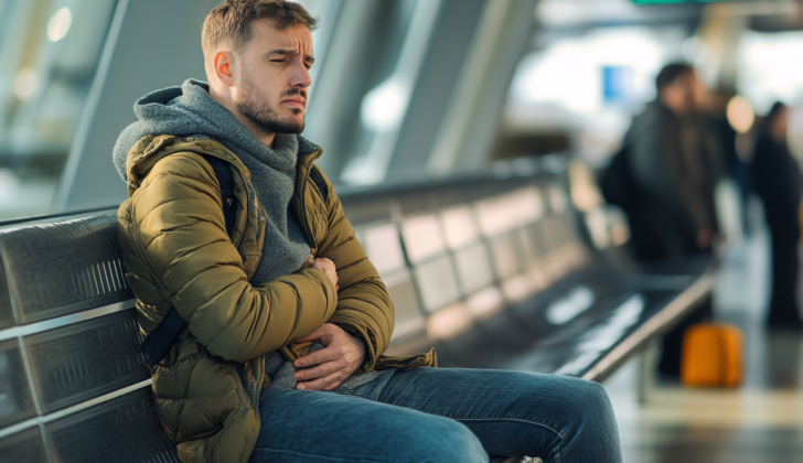 Man at airport with Travelers Diarrhea