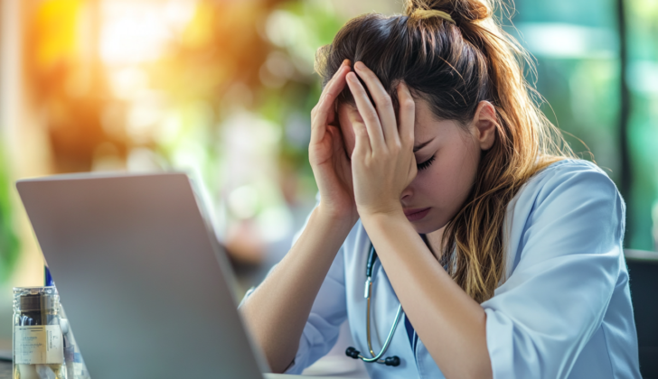 Physical, emotional, and mental exhaustion experienced by healthcare professionals due to chronic workplace stress.