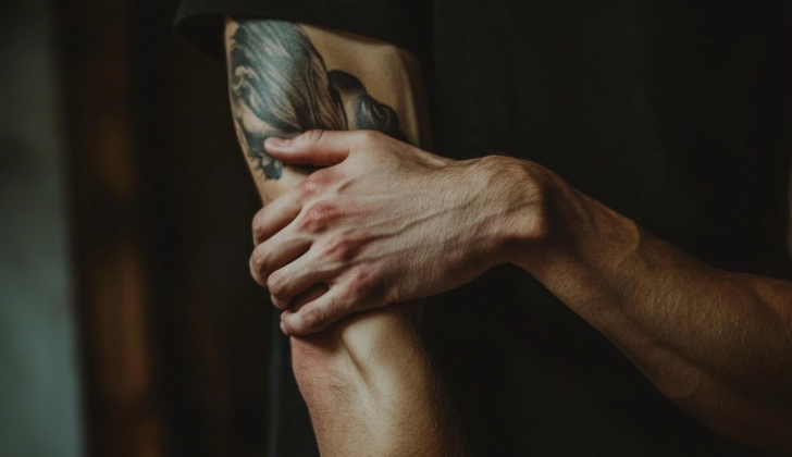 person holding elbow