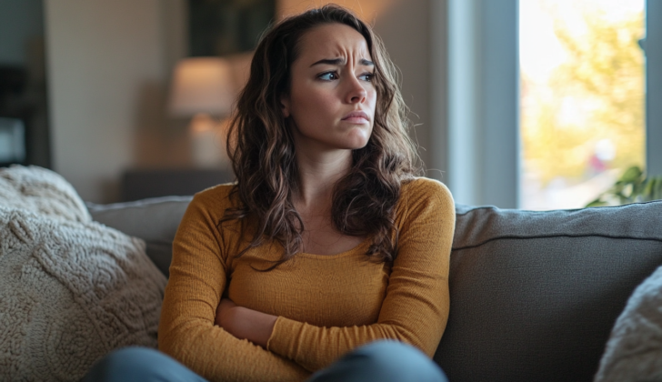 Sliding Hernia, woman with discomfort or a feeling of fullness in the upper abdomen.