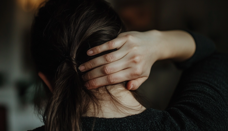 Person holding back of neck in pain