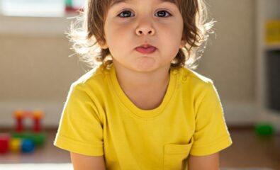 Child blowing air through teeth to make /f/ sound