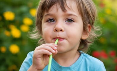 child blowing air through a straw to make /s/ sound