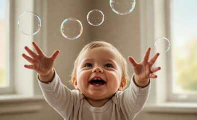 toys for speech development: bubbles floating with baby reaching up in delight.