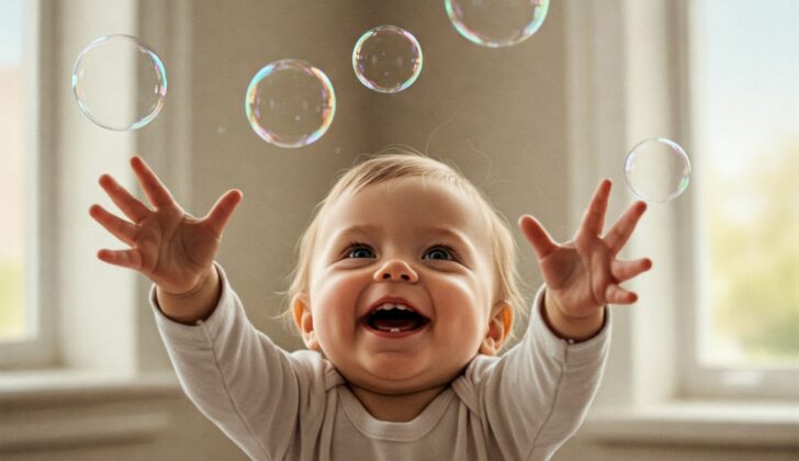 toys for speech development: bubbles floating with baby reaching up in delight.