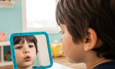Child practicing the /p/ sound with a mirror