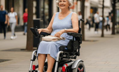 Senior woman using a lightweight power wheelchair