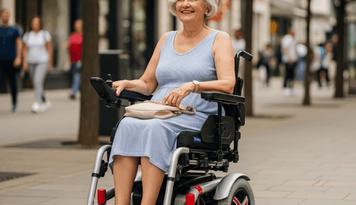 Senior woman using a lightweight power wheelchair