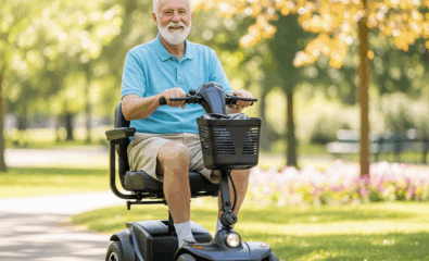 Senior man using a 4-wheel travel scooter outdoors