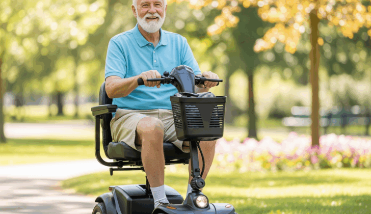 Senior man using a 4-wheel travel scooter outdoors