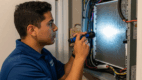 A professional HVAC technician inspecting an indoor AC unit for mold