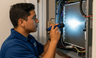 A professional HVAC technician inspecting an indoor AC unit for mold