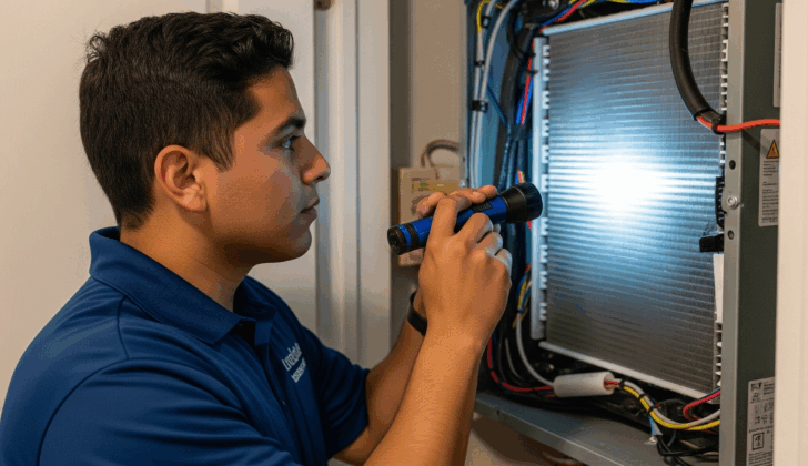 A professional HVAC technician inspecting an indoor AC unit for mold