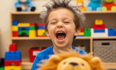 Child roaring like a lion during speech play – great for practicing the /r/ sound.