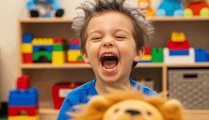 Child roaring like a lion during speech play – great for practicing the /r/ sound.
