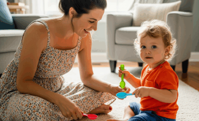 Parent and child using spoons during a fun speech activity for /sp/ sound at home