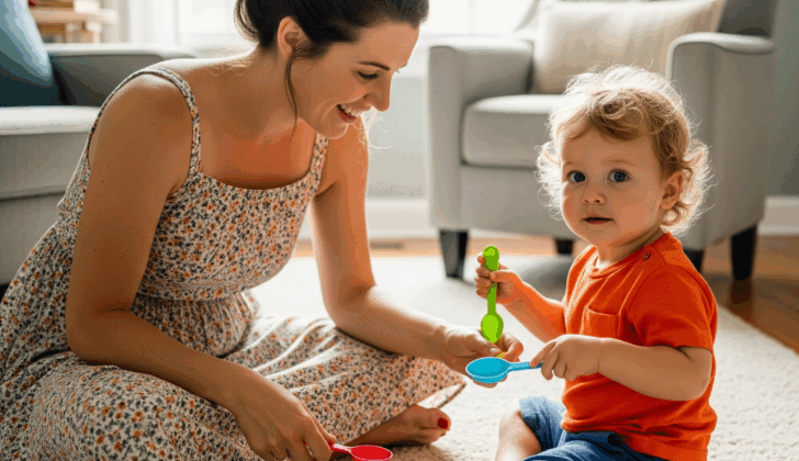 Parent and child using spoons during a fun speech activity for /sp/ sound at home