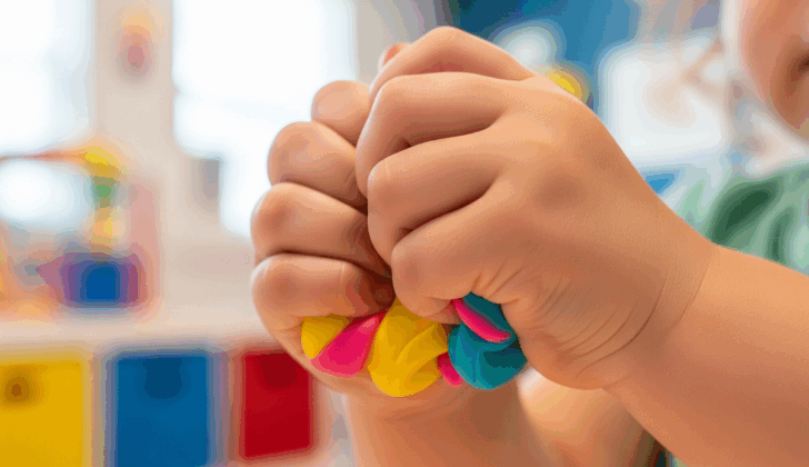 Child playing with squishy sensory materials like dough to practice saying “squish” and other /skw/ words.