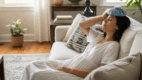 Woman using an ice pack for headache relief on a sofa.