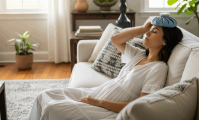 Woman using an ice pack for headache relief on a sofa.