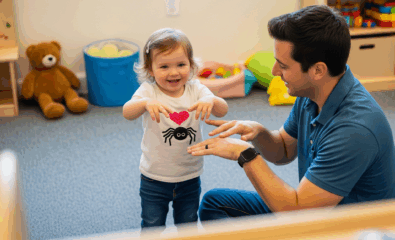 Songs for speech and language: Child acting out “The Itsy Bitsy Spider” with hand motions